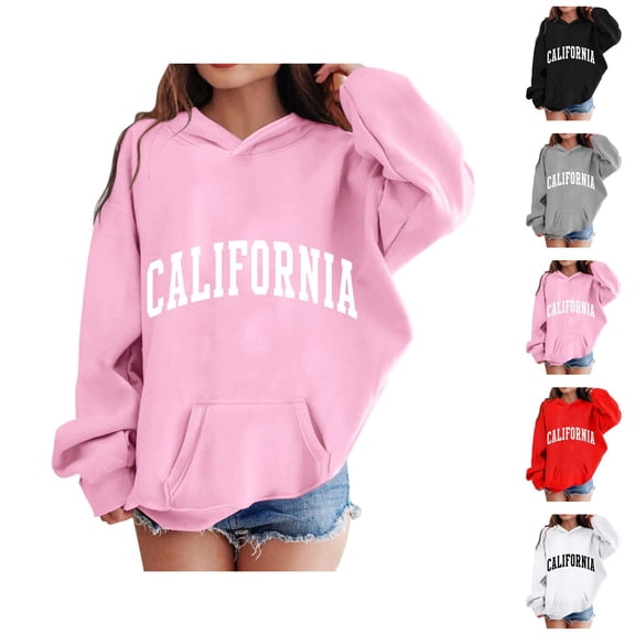 Girls Casual Hoodies 2025 Long Sleeve California Letter Graphic Hooded Sweatshirt with Pockets Kids Pullover Tops