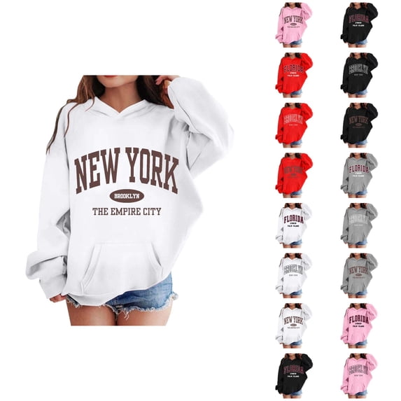Girls Casual Hoodies 2025 Long Sleeve City Name Graphic Hooded Sweatshirt with Pockets Kids Pullover Tops