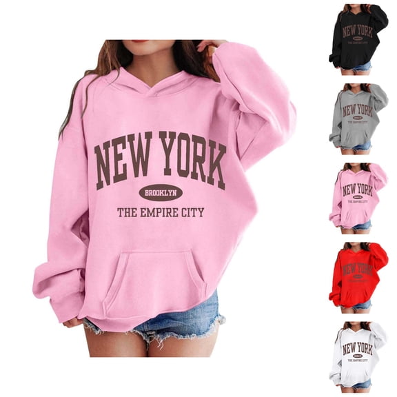 Girls Casual Hoodies 2026 Long Sleeve New York Brooklyn Graphic Hooded Sweatshirt with Pockets Kids Pullover Tops