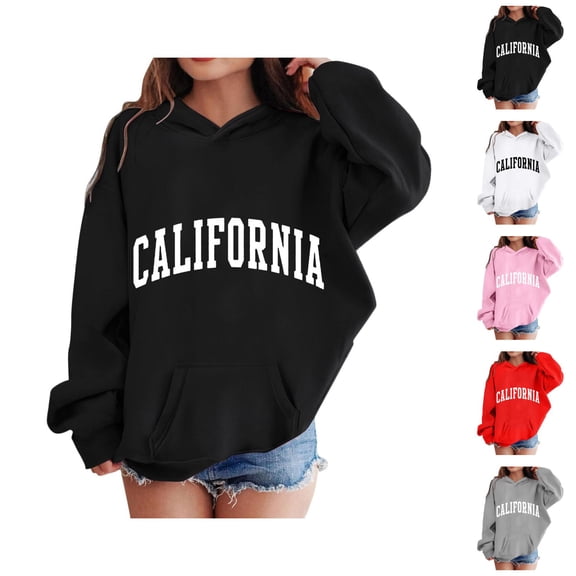Girls Casual Hoodies California Long Sleeve Letter Graphic Hooded Sweatshirt with Pockets Kids Pullover Tops