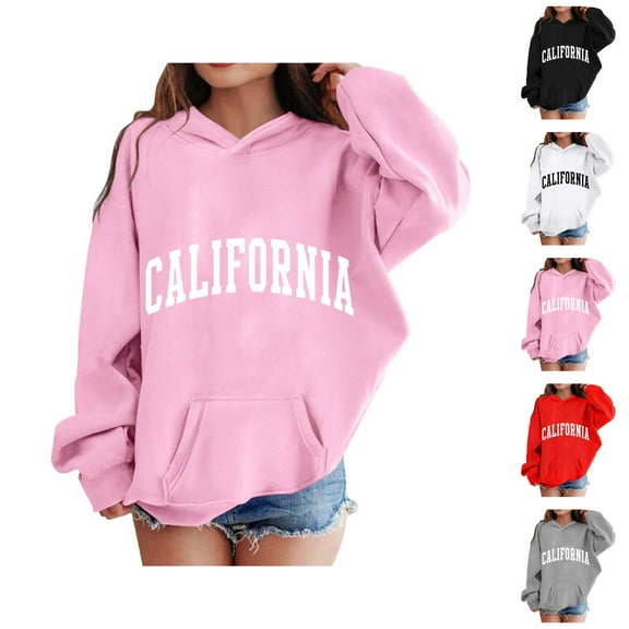 Girls Casual Hoodies California Long Sleeve Letter Graphic Hooded Sweatshirt with Pockets Kids Pullover Tops