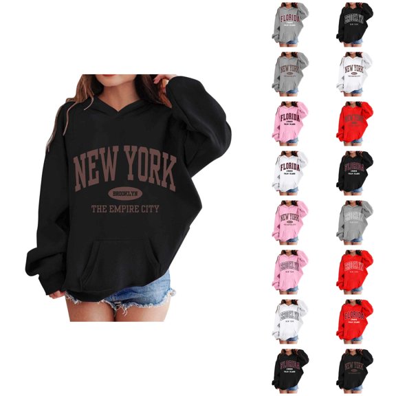 Girls Casual Hoodies City Name Long Sleeve Graphic Hooded Sweatshirt with Pockets Kids Pullover Tops