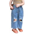 thumbnail image 1 of Girls Casual Jeans Baggy Denim Pants Straight Wide Leg Loose Elastic Waist Fashion Fall Spring Trousers with Pocket, Sea Blue, 5 Years, 1 of 7