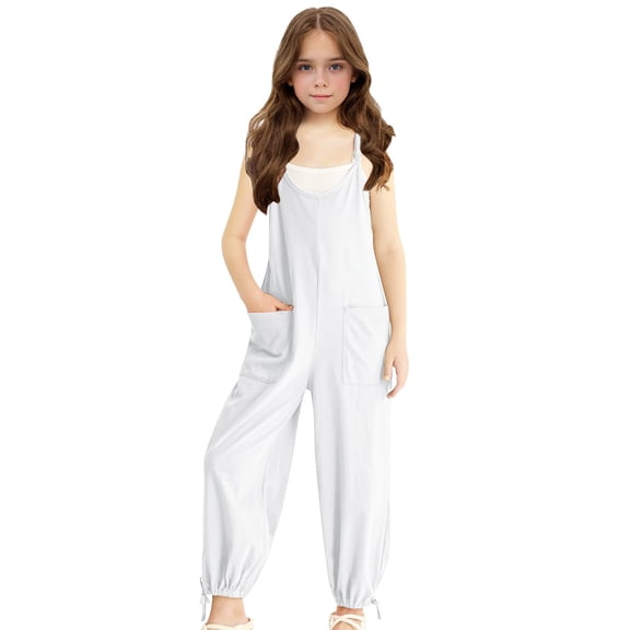 Girls Casual Jumpsuits Sleeveless Adjustable Strap Harem Pants Rompers with Pocket Loose Going Out Outfits for Girl, White, 11 Years