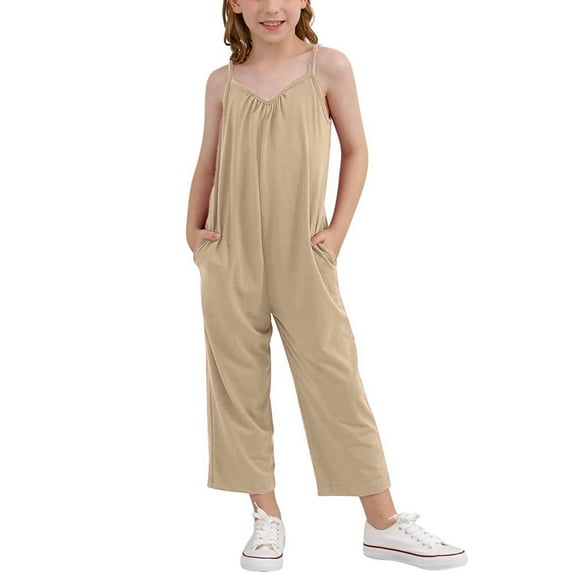 Girls Casual Jumpsuit Rompers Sleeveless V Neck Adjustable Straps Jeans Pants Wide Leg Pants Overalls with Side Pockets for Teen Girl Size 10-11