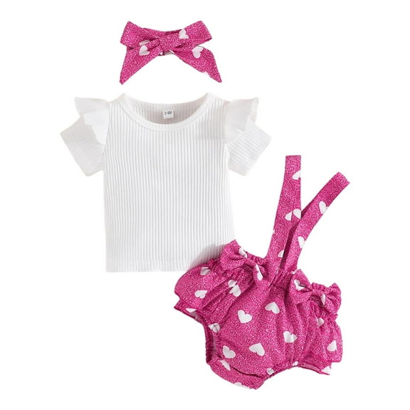 Girls Casual Jumpsuits Toddler Girls Short Sleeve Valentine's Day Ribbed Pullover Tops Heart Prints Suspenders Shorts Outfits White, 18-24 Months