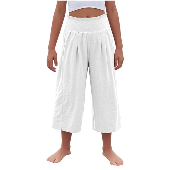 Girls Casual Linen Capris Smocked High Waist Capri Pant Pleated Loose Wide Leg Pull On Crop Trousers 12 Years, White