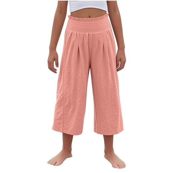 Girls Casual Linen Capris Smocked High Waist Capri Pant Pleated Loose Wide Leg Pull On Crop Trousers 4 Years, Pink