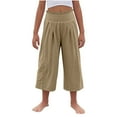 thumbnail image 1 of Girls Casual Linen Capris Smocked High Waist Capri Pant Pleated Loose Wide Leg Pull On Crop Trousers 6 Years, Khaki, 1 of 7