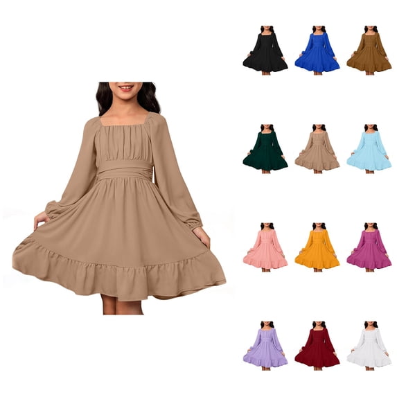 Girls Casual Long Sleeve Backless Dress with Puff Sleeves, Solid Color Flowy Skirt & Open Belted Waist Tie for Summer Spring Fall Holiday Party Photo