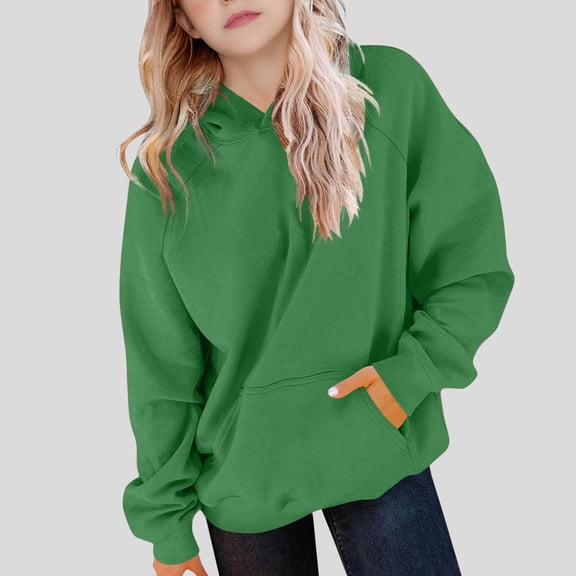 Girls Casual Long Sleeve Hoodies Cute Oversized Fleece Pocket Sweatshirt Tops Green 14-15 Years