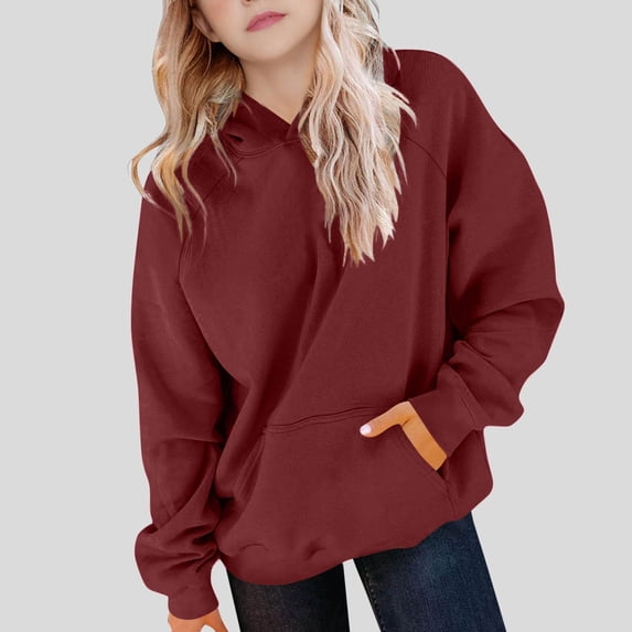 Girls Casual Long Sleeve Hoodies Cute Oversized Fleece Pocket Sweatshirt Tops Wine 12-13 Years