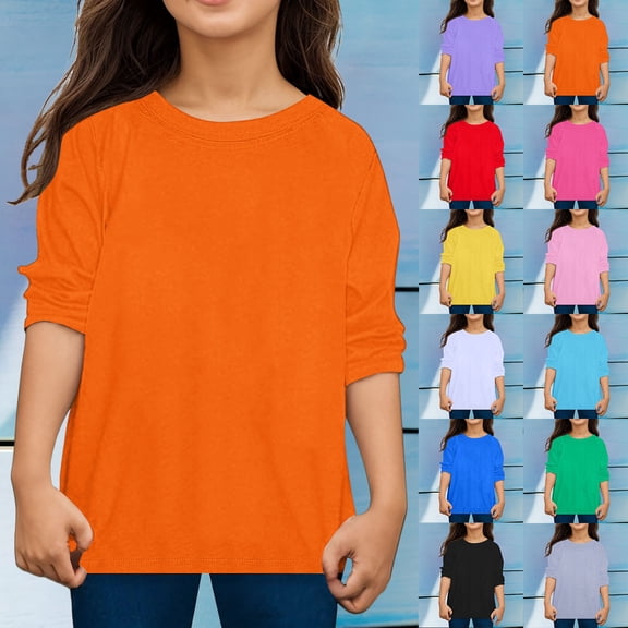 Girls Casual Long Sleeve Shirts Round Neck Tops Loose Tunic Blouses Boys T Shirts Cute Crewneck Tops Basic Tees Long Sleeve Shirt For School Kids Carnival Valentines Day Gift 2-13Y Orange,120=4-5Y
