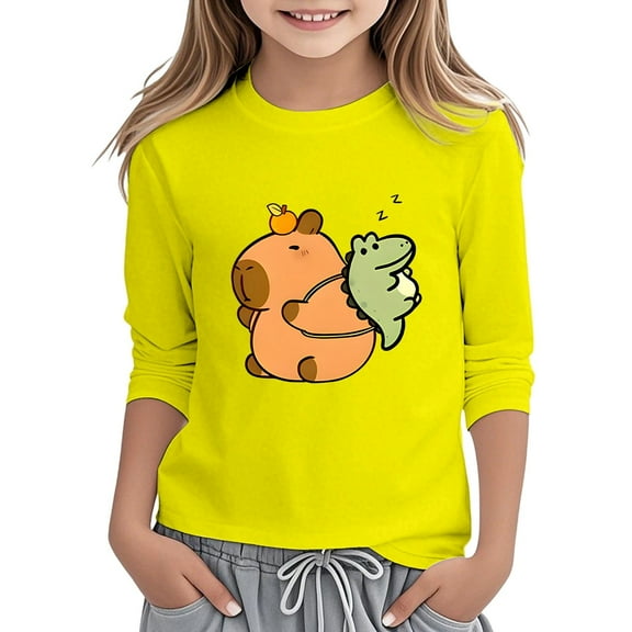 Girls Casual Long Sleeve Tops Capybara Print Round Neck Tees For Everyday Wear School Outdoor Activities Comfortable for 4-5 Years
