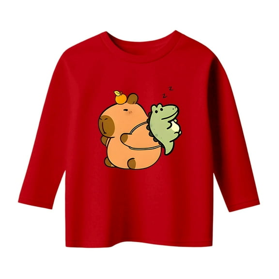 Girls Casual Long Sleeve Tops Capybara Print Round Neck Tees For Everyday Wear School Outdoor Activities Comfortable for 4-5 Years