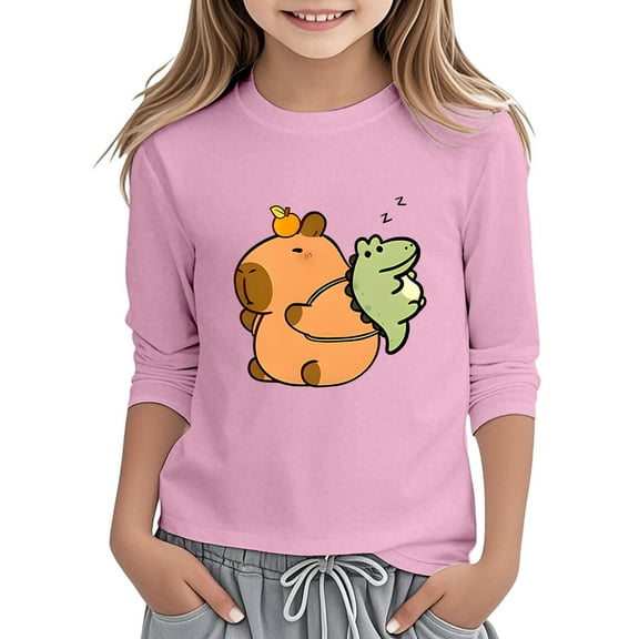 Girls Casual Long Sleeve Tops Capybara Print Round Neck Tees For Everyday Wear School Outdoor Activities Comfortable for 9-10 Years
