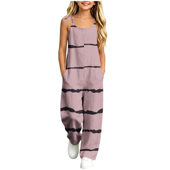 Girls' Casual Loose Overalls Tie Knot Strap Sleeveless Rompers Striped Baggy Jumpsuits for Kids Summer Playwear Wide Leg Pants Cute Trousers Outfits