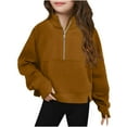 thumbnail image 1 of Girls' Casual Loose Sweatshirts Children's Half Zip Thumb Buckle Pullover Tops Solid Color Long Sleeved Sweatshirt with Pockets Brown 120, 1 of 5