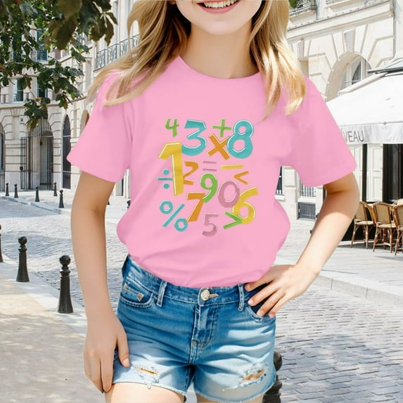 Girls Casual Math Print T-Shirt Educational Graphic Tee For Everyday Wear Short Sleeve Shirt for Girls Tees Kids Tshirts Clothes Summer Tops T-Shirt