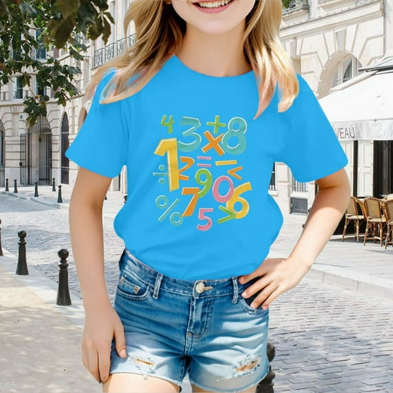 Girls Casual Math Print T-Shirt Educational Graphic Tee For Everyday Wear Short Sleeve Shirt for Girls Tees Kids Tshirts Clothes Summer Tops T-Shirt