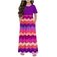 thumbnail image 1 of Girls Casual Maxi Dress, Patchwork Floral Printed Dress, Tween Short Sleeve Summer Beach Dresses with Pockets Child Midi Dress Purple 4Y, 1 of 5