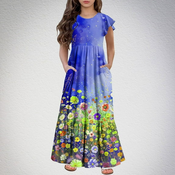Girls Casual Maxi Floral Dress Short Sleeve Holiday Dresses Striped Round Neck Dress with Pockets for 6-12 Years