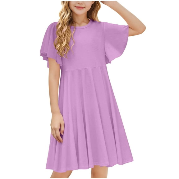 Girls Casual Midi Dresses Short Sleeve Ruffle Flowy Swing A-Line Dress 4-13 Years