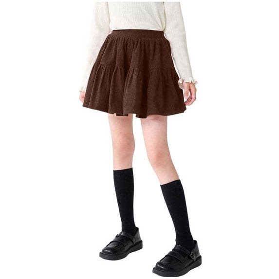 Girls Casual Mini High Waist Stretchy Flared Pleated Skater Uniform Skirts Brown 12-13 Years