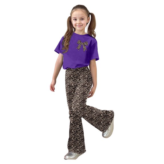 Girls Casual Outfit Bow Short Sleeve Top Long Pants Two Piece Coordinated Ensemble Clothes