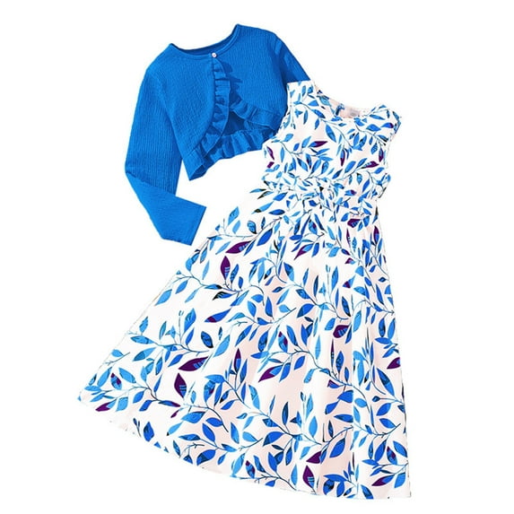 Girls Casual Outfits Set Sleeveless Floral Dresses with Knit Cardigan Spring Summer Cute Clothes Tween Girl Lounge Set, Blue, 10 Years