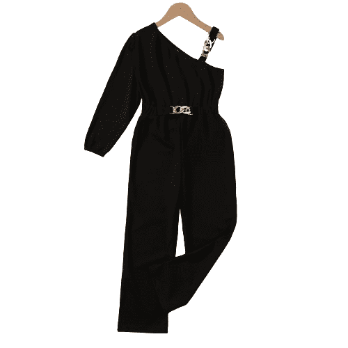 Girls Casual Overalls Solid Color One Shoulder Jumpsuit With Chain Design For Spring & Fall