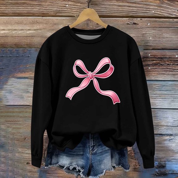Girls Casual Oversized Crewneck Sweatshirt, Pink Bow Print Black, Soft Stretchy for Girls 4-14 Years,Size 10 T