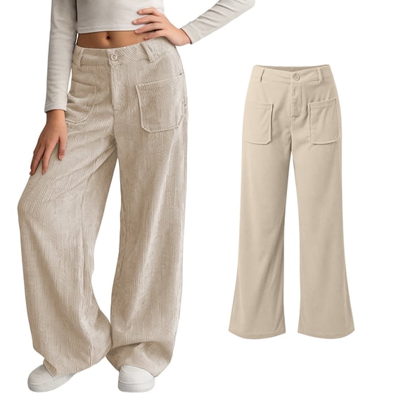 Girls Casual Pants Corduroy High Waist Beige Pants Wide Leg Loose Lounge Pants Girls Pants 5-6 Years