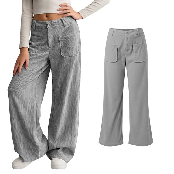 Girls Casual Pants Corduroy High Waist Girls Grey Pants Wide Leg Loose Pants Girls 5-6 Years Pants