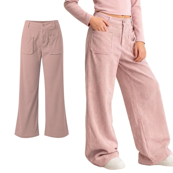 Girls Casual Pants Corduroy High Waist Pink Pants Wide Leg Girls Loose Pants Clothes for 7-8 Years Old Girls