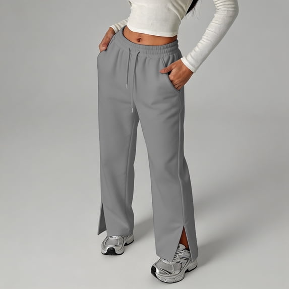 Girls Casual Pants Elastic Waist Drawstring Sweatpants with Side Split Fall Long Trousers Grey,7-8 Years
