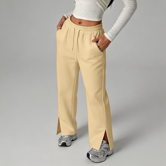 Girls Casual Pants Elastic Waist Drawstring Sweatpants with Side Split Fall Long Trousers Khaki,7-8 Years