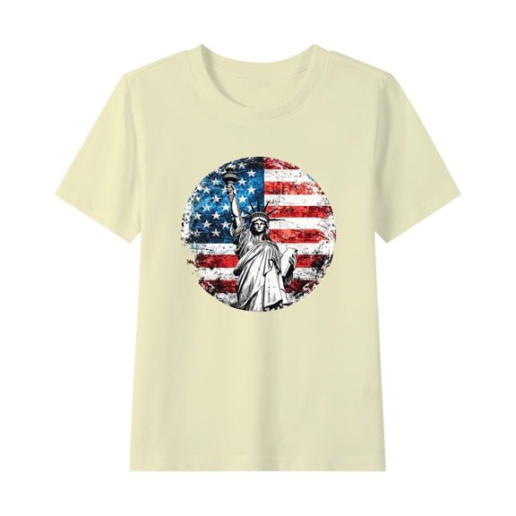 Girls Casual Patriotic Tshirts Boys Cotton Tee Shirts Girls Independence Day Outfits American Flag Graphic Tees Kids Clothes Beige, 2 Years