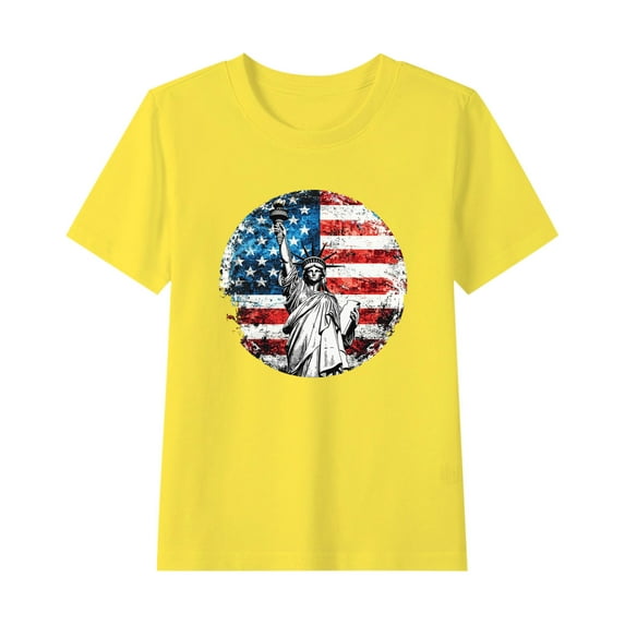 Girls Casual Patriotic Tshirts Boys Cotton Tee Shirts Girls Independence Day Outfits American Flag Graphic Tees Kids Clothes Yellow, 7 Years