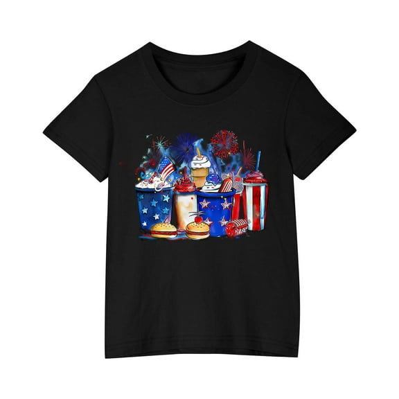 Girls Casual Patriotic Tshirts Boys Cotton Tee Shirts Girls Independence Day Outfits USA Flag Graphic Tees Kids Clothes Black， 5 Years