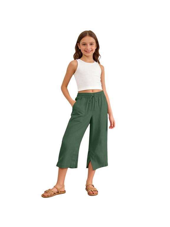 Girls Casual Ponte Pants For Girls, Comfortable Solid Loose Fit Half Length Trousers For Everyday Play, Soft Waistband Easy Care Back To School Pants