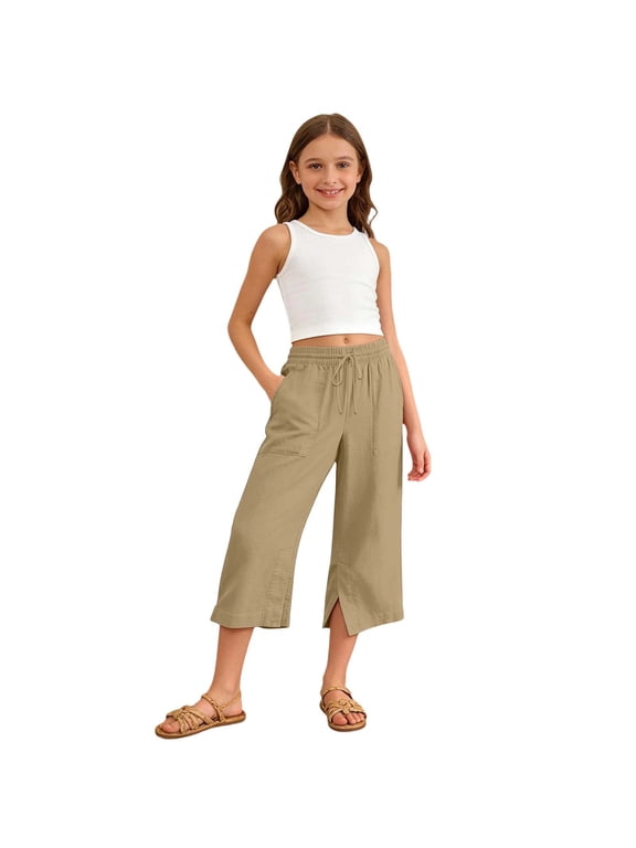 Girls Casual Ponte Pants Solid Color Loose Fit Half Length Trousers for Everyday Play, Elastic Waistband Easy Care, 5-15 Years