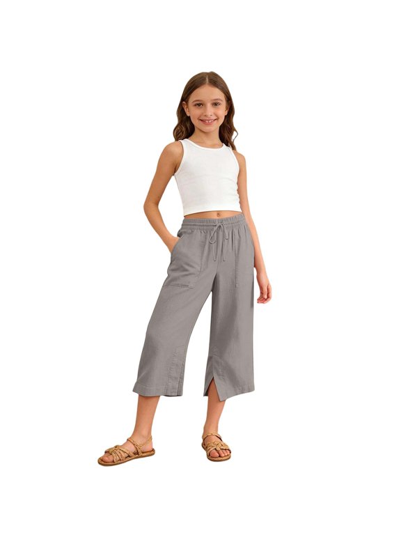 Girls Casual Ponte Pants Solid Loose Fit Half Length Trousers Soft Waistband Everyday Wear,Grey,150