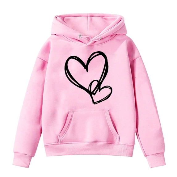 Girls Casual Pullover Hoodie, Cute Cartoon Sweater for Children & Teenagers, Soft Comfortable Oversized Long Sleeve Hooded Sweatshirt, Preppy Heart Design, Trendy Fall Winter Kids Sweatshirt