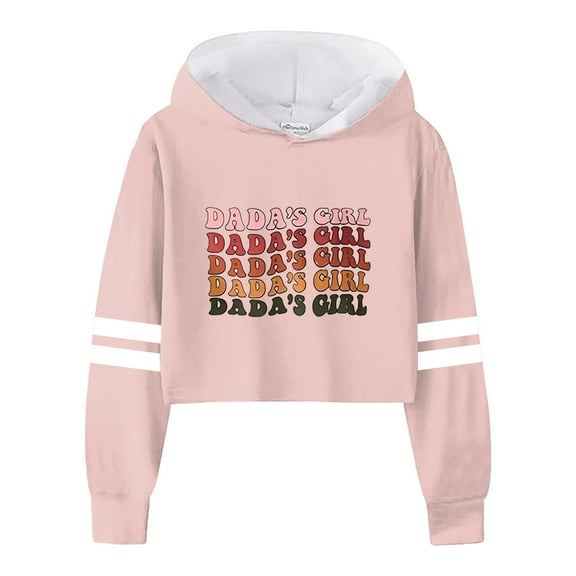 Girls Casual Pullover Hoodie with Letter Print and Striped Design, Loose Fit Cropped Sweatshirt for Teens, Full Sleeves Comfortable Fleece Jacket, Short Hooded Sweatshirt