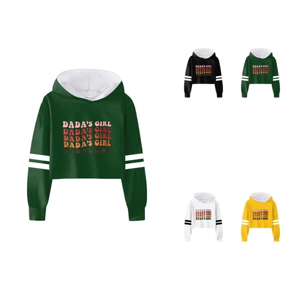 Girls Casual Pullover Hoodie with Letter Print and Striped Design, Loose Fit Cropped Sweatshirt for Teens, Full Sleeves Comfortable Fleece Jacket, Short Hooded Sweatshirt