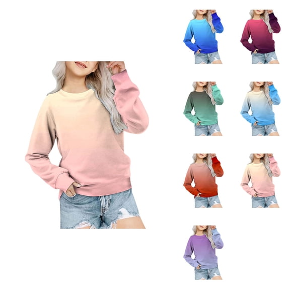 Girls' Casual Round Neck Long Sleeve Gradient Print Sweatshirt, Loose Fit Autumn Winter Fashion Pullover Top