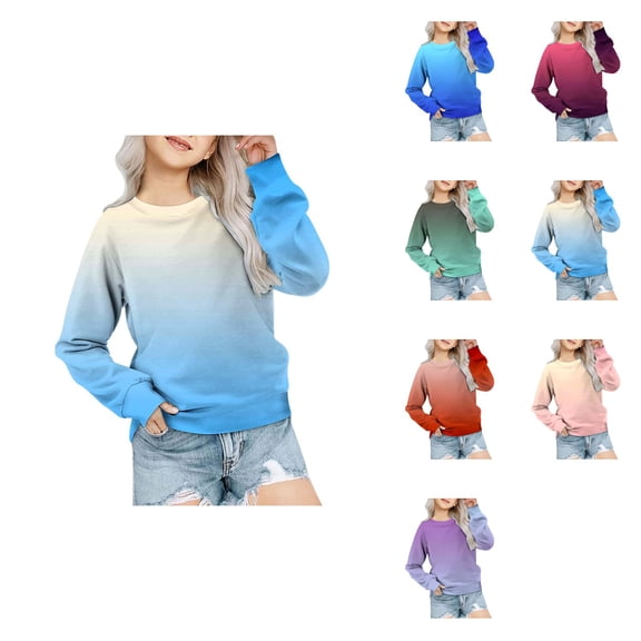 Girls' Casual Round Neck Long Sleeve Gradient Print Sweatshirt, Loose Fit Autumn Winter Fashion Pullover Top