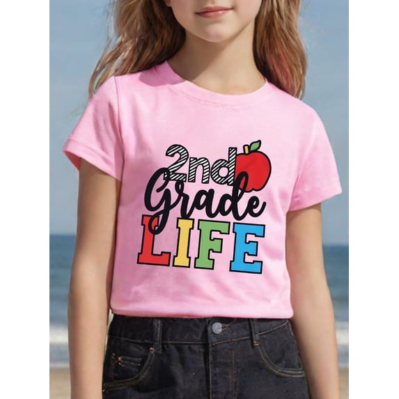 Girls'Casual Round Neck T-Shirt - 2nd Grade Life Graphic Print, Short ...