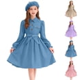 thumbnail image 1 of Girls Casual Shirts Dress Beret Hat Sets Vacation Vintage Ruffle Long Sleeve Dresses Kids Comfy Flowy Spring Fall Outfits With Belt, 1 of 5